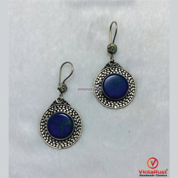 Handmade Blue Gemstone Dangle Earrings: Silver Tone Lapis Lazuli Earrings - Picture 4 of 6